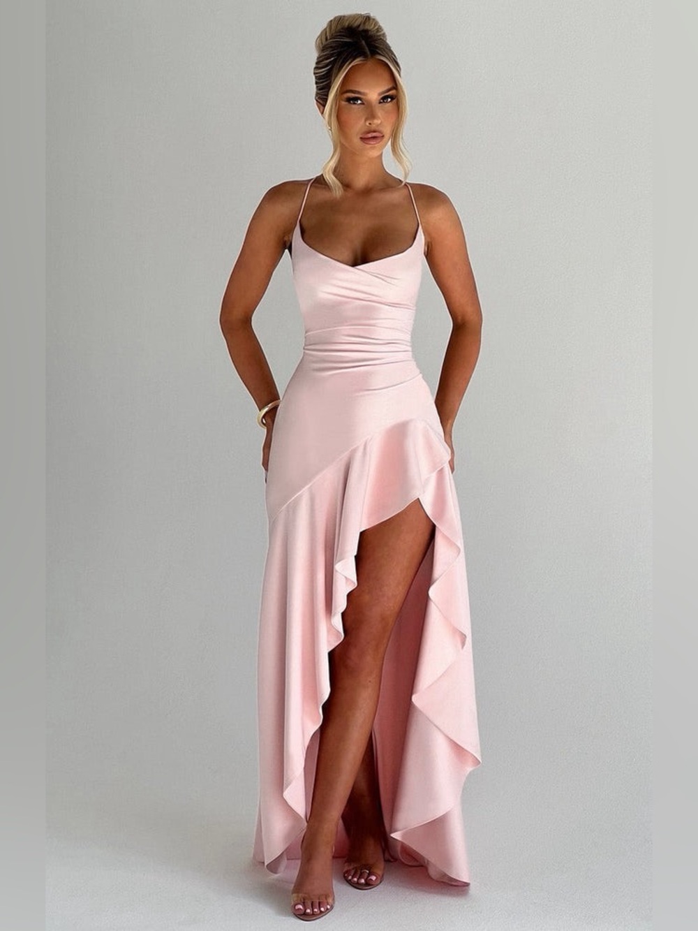 Blush Pink High-Low Ruffle Hem Spaghetti Strap Dress